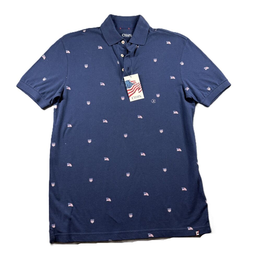 Chaps Men Polo Shirt NEW American Flag 4th of July America USA Navy Small P233